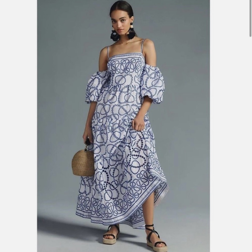 Anthropologie Blue and White Patterned Maxi Dress NWOT